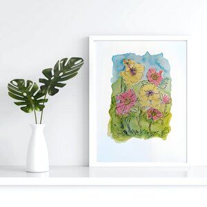 Pink & Yellow Wildflower Ink and Watercolor Painting - 9"x12"